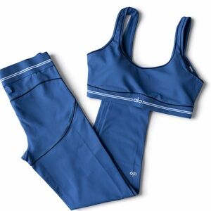 Alo Yoga Airbrush Heart Throb Set Bra and Legging Blue and White size xl